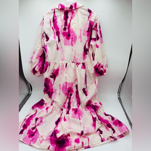 Maeve Anthropologie Pink Watercolor Tiered Midi Dress Medium Button Front Boho - Picture 5 of 8